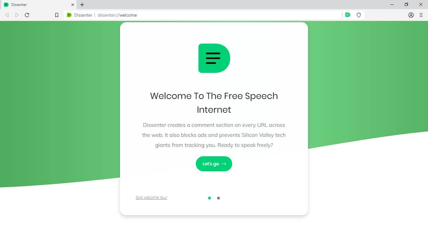 The Dissenter browser welcome screen.