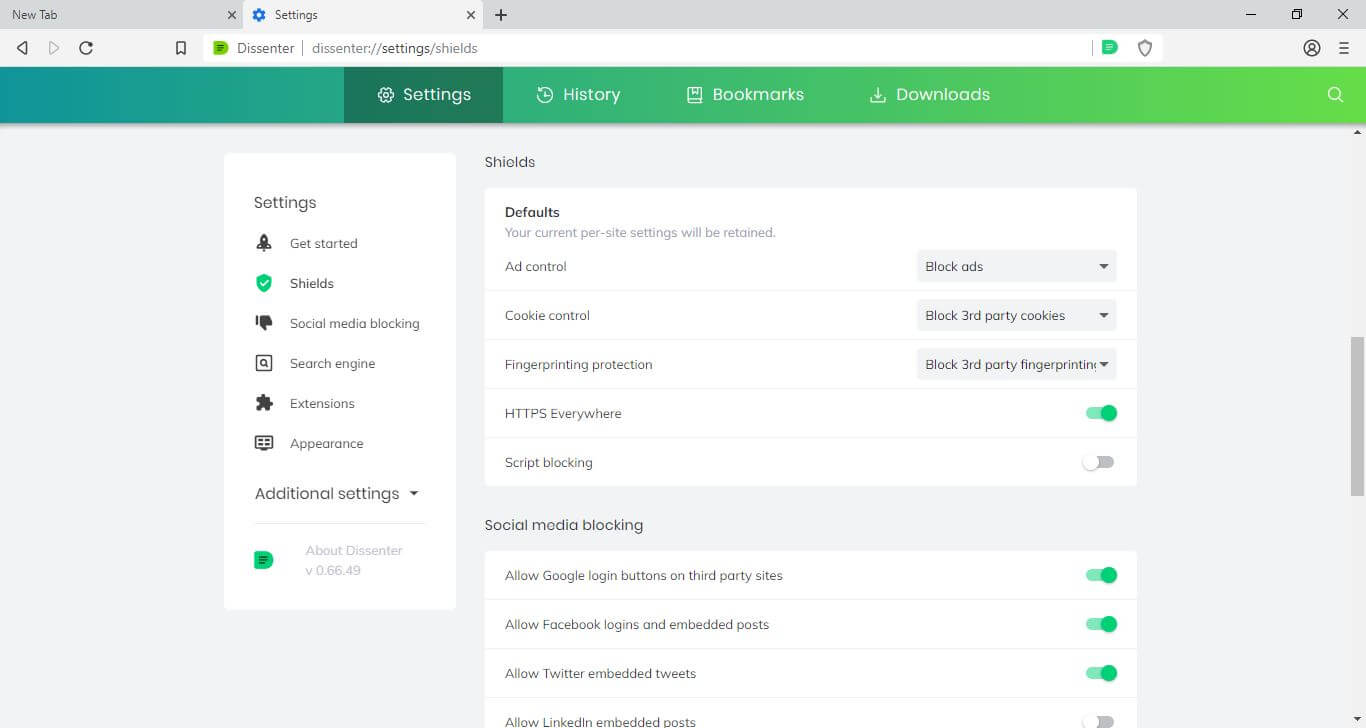 The Dissenter browser “Shields” (default ad blocking settings for all websites) menu.