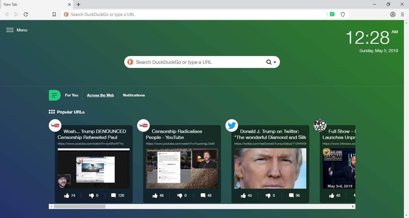 The default new tab experience in the Dissenter browser.