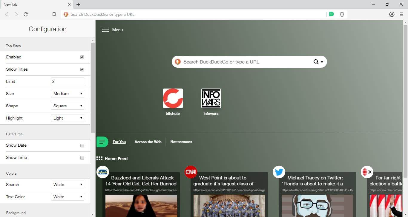 The new tab configuration menu in the Dissenter browser.