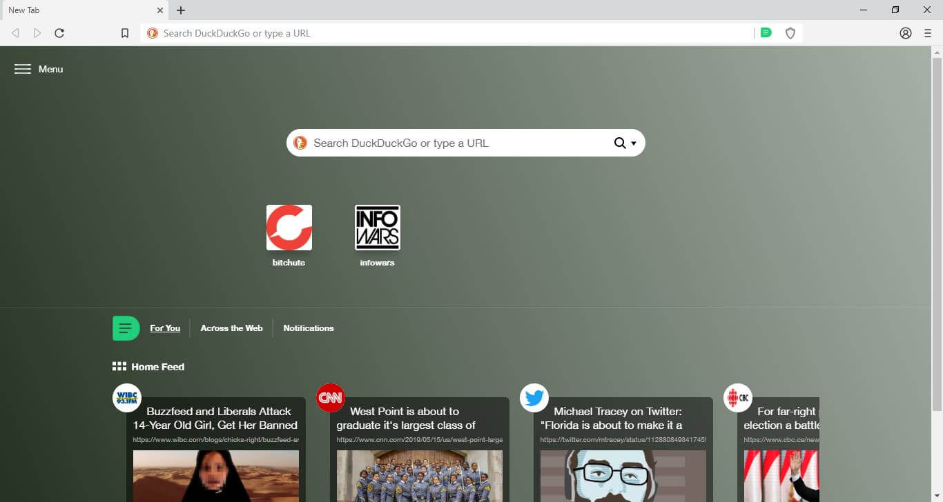 A customized new tab in the Dissenter browser.