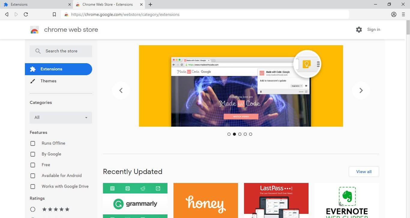 The Google Chrome Web Store home page.