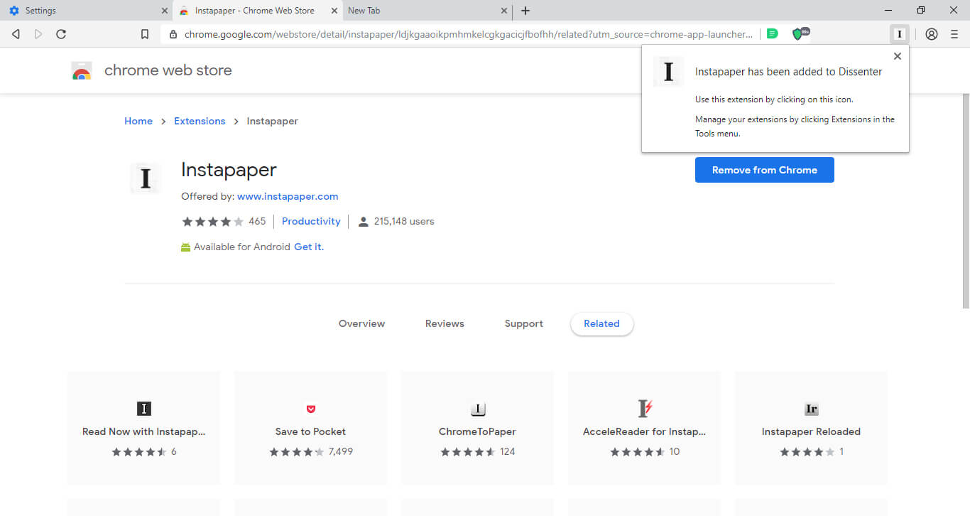 The Instapaper extension in the Dissenter browser.