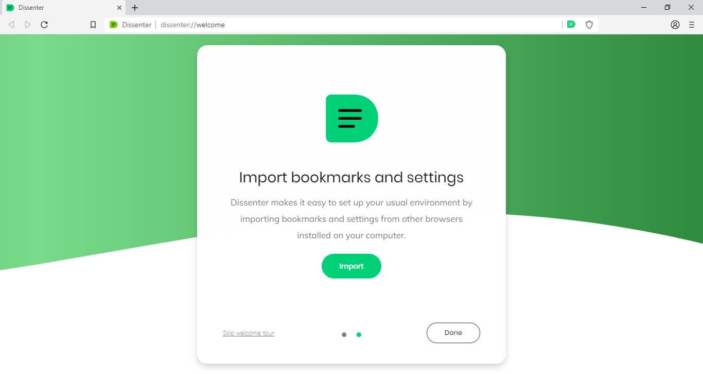 The Dissenter browser “Import bookmarks and settings” screen.