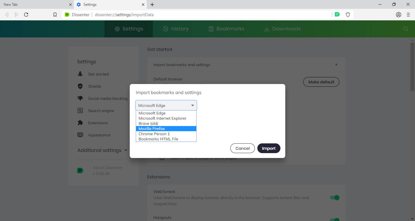 The Dissenter browser “Import bookmarks and settings” browser selection screen.