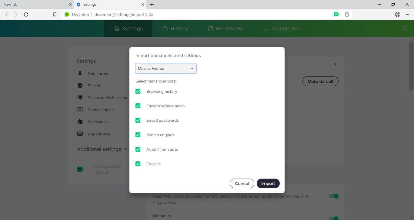 The Dissenter browser “Import bookmarks and settings” data selection screen.