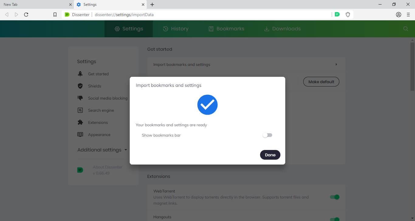 The Dissenter browser “Import bookmarks and settings” import success screen with “Show bookmarks bar” disabled.