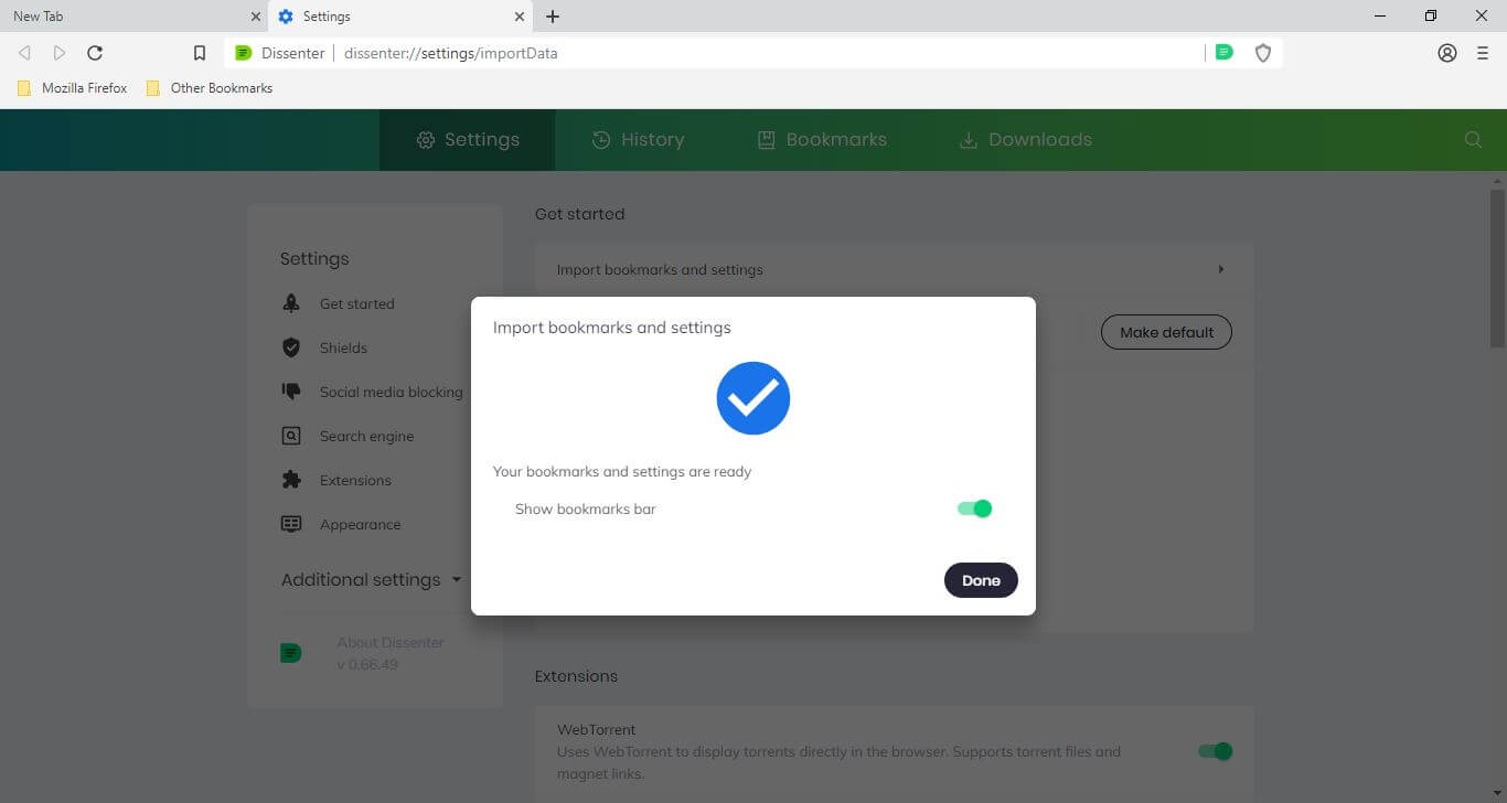 The Dissenter browser “Import bookmarks and settings” import success screen with “Show bookmarks bar” enabled.