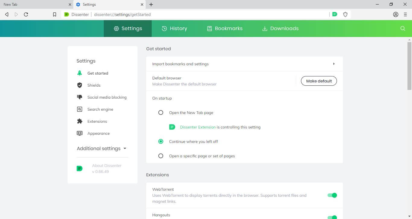 The Dissenter browser “Settings” menu.