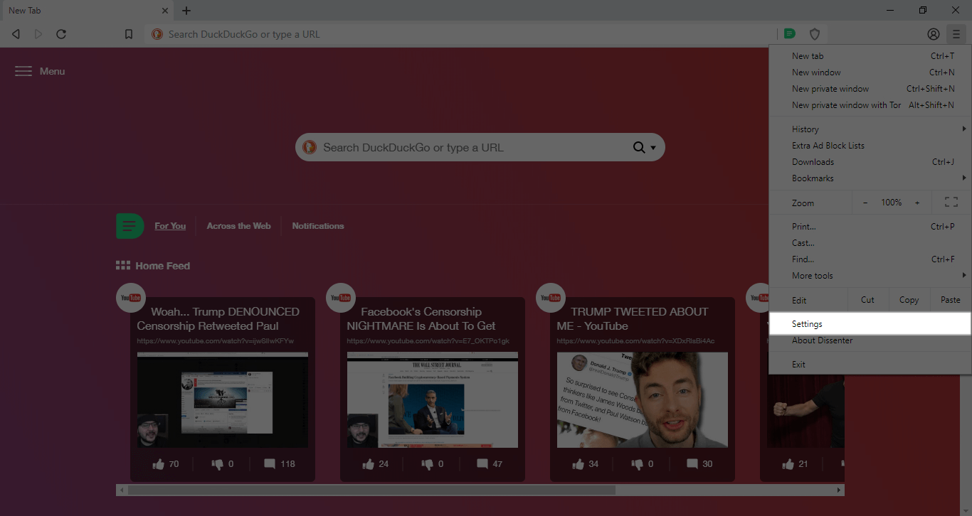 The Dissenter browser right hand menu.