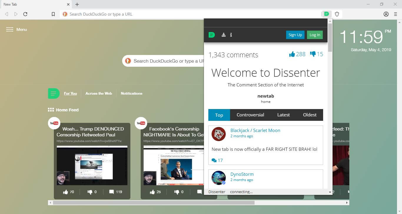 The Dissenter comments extension in the Dissenter browser.