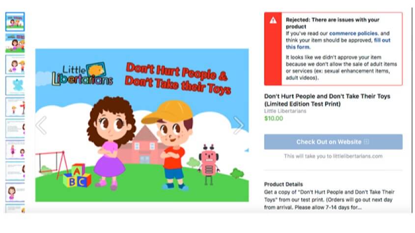 A Facebook message saying that the Facebook Store product listing for the “Don’t Hurt People and Don’t Take Their Toys” book has been rejected for selling “adult items or services.”