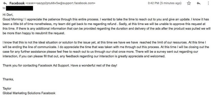 The Facebook message Dorit Goikhman sent to Facebook requesting a refund.