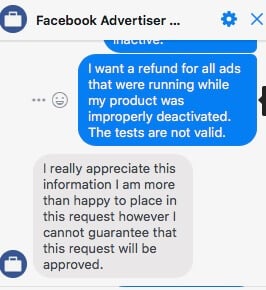 The message Facebook sent to Dorit Goikhman rejecting her refund request.