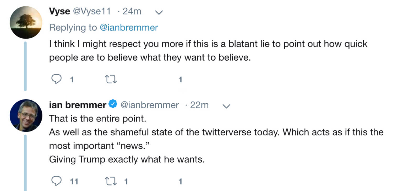 An archived tweet from Ian Bremmer admitting that the Trump quote is fabricated.