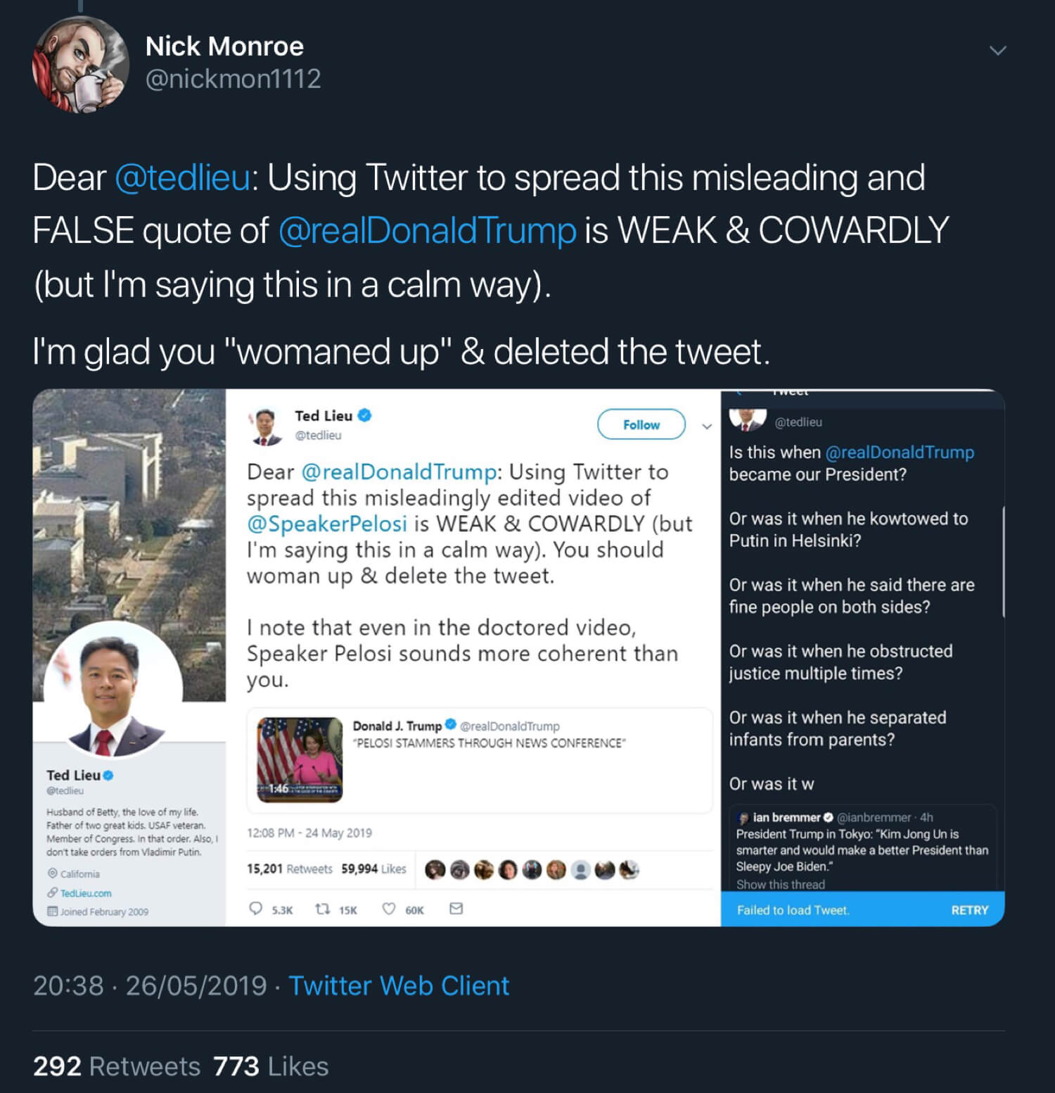 Ted Lieu sharing the fake Trump quote on Twitter.