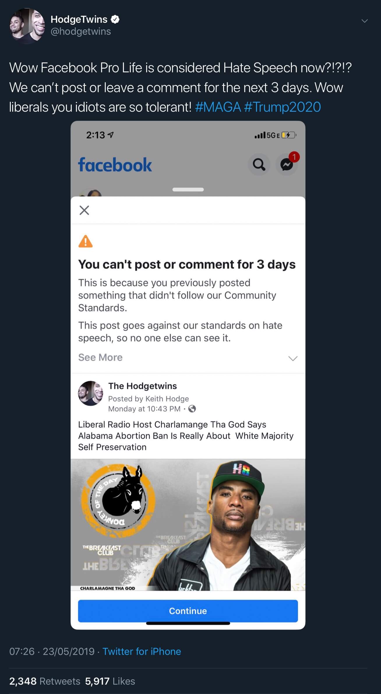 The message Facebook sent to The Hodge Twins saying one of their videos violated its “hate speech” rules.