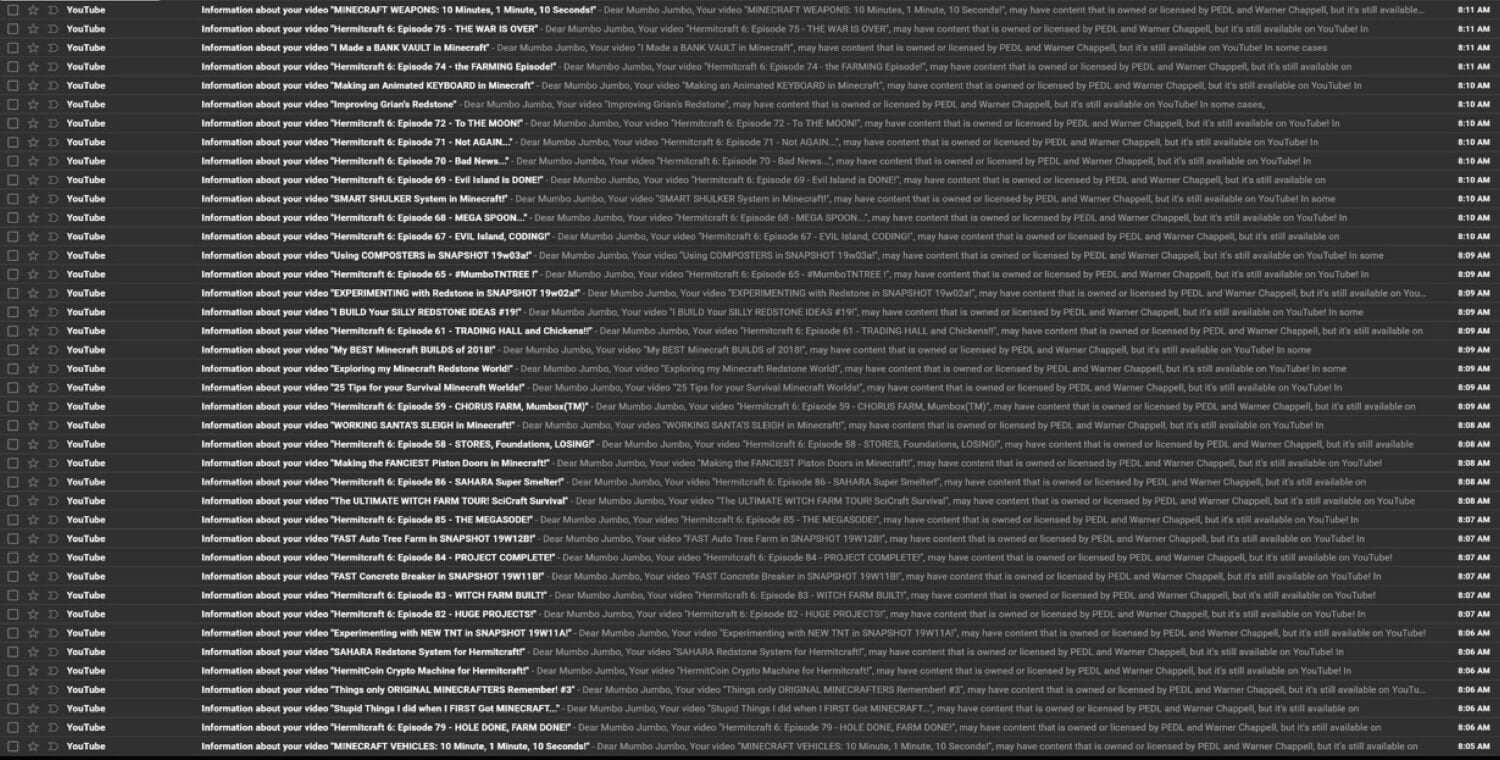 Some of the copyright claim emails YouTube sent to Mumbo Jumbo.