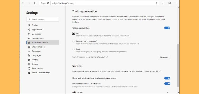 Edge browser adds tracking prevention feature