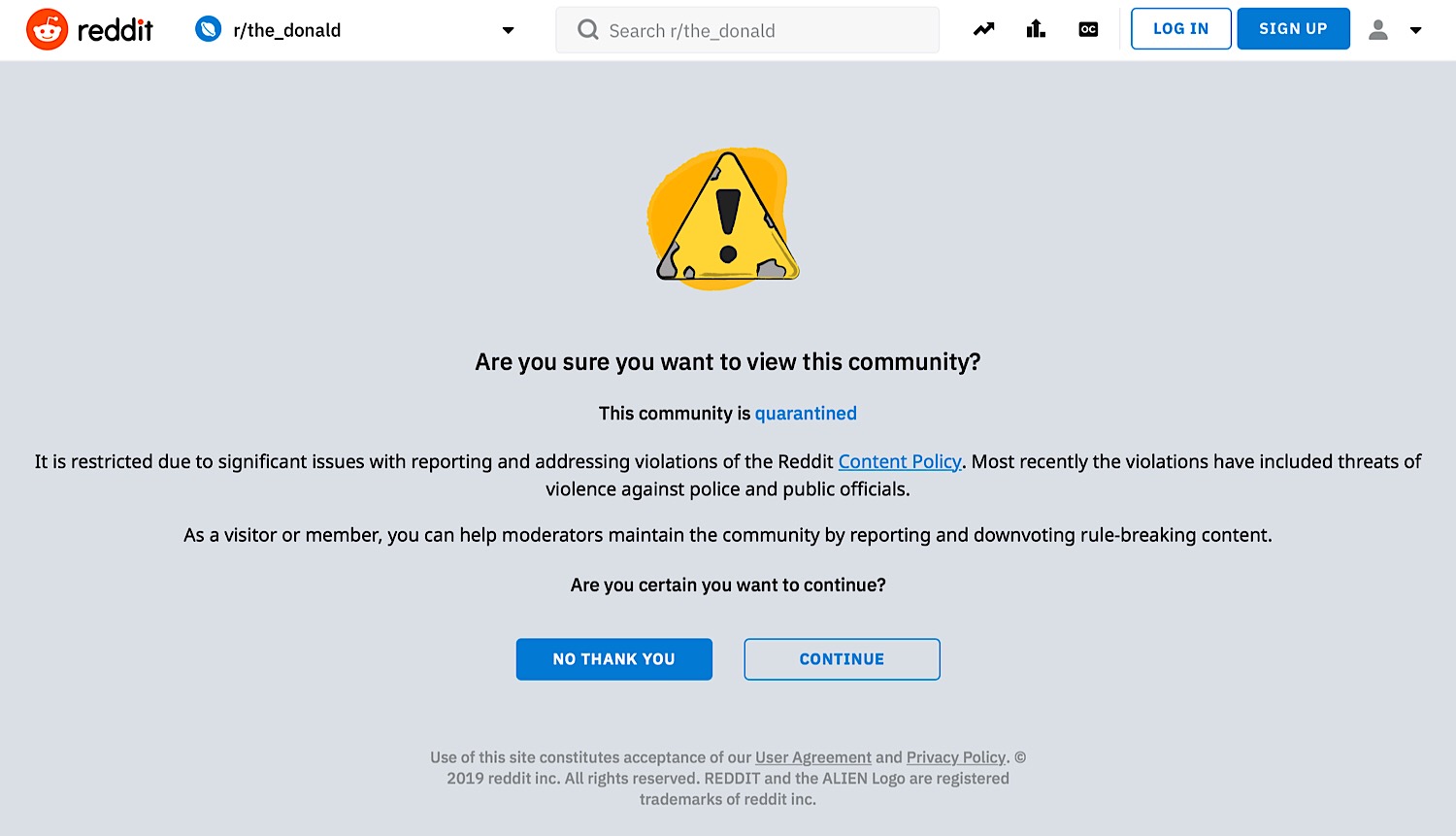 The warning message that appears when users attempt to access The Donald.