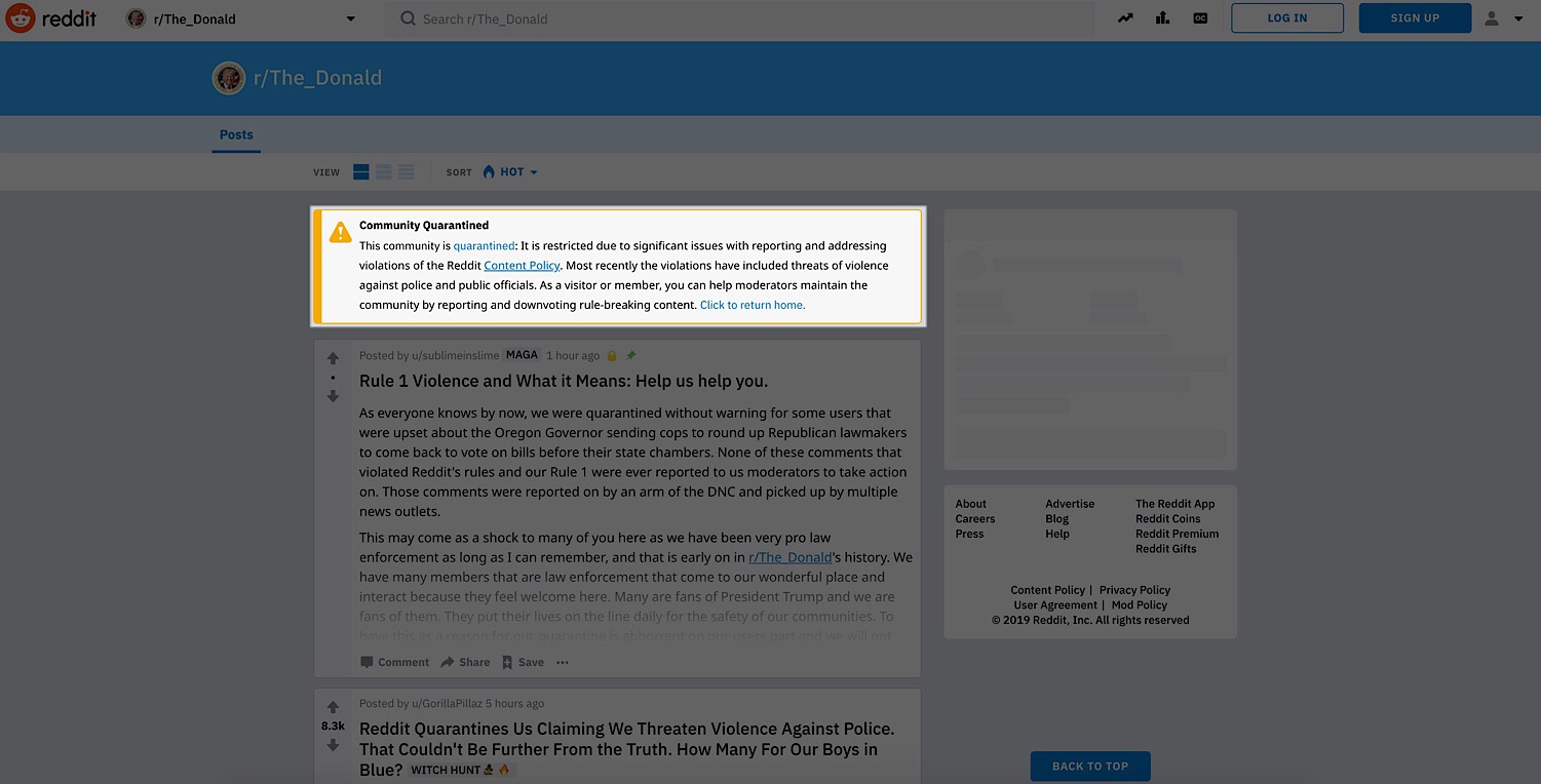 The warning message that appears at the top of The Donald.