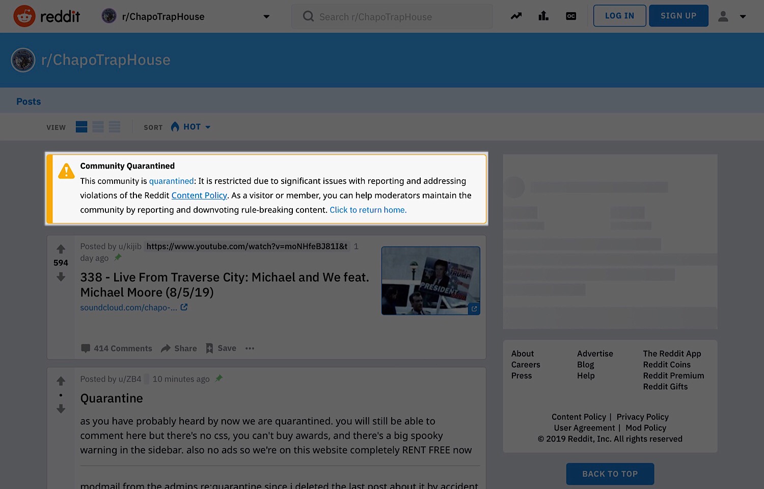 The warning message that appears at the top of the Chapo Trap House subreddit.