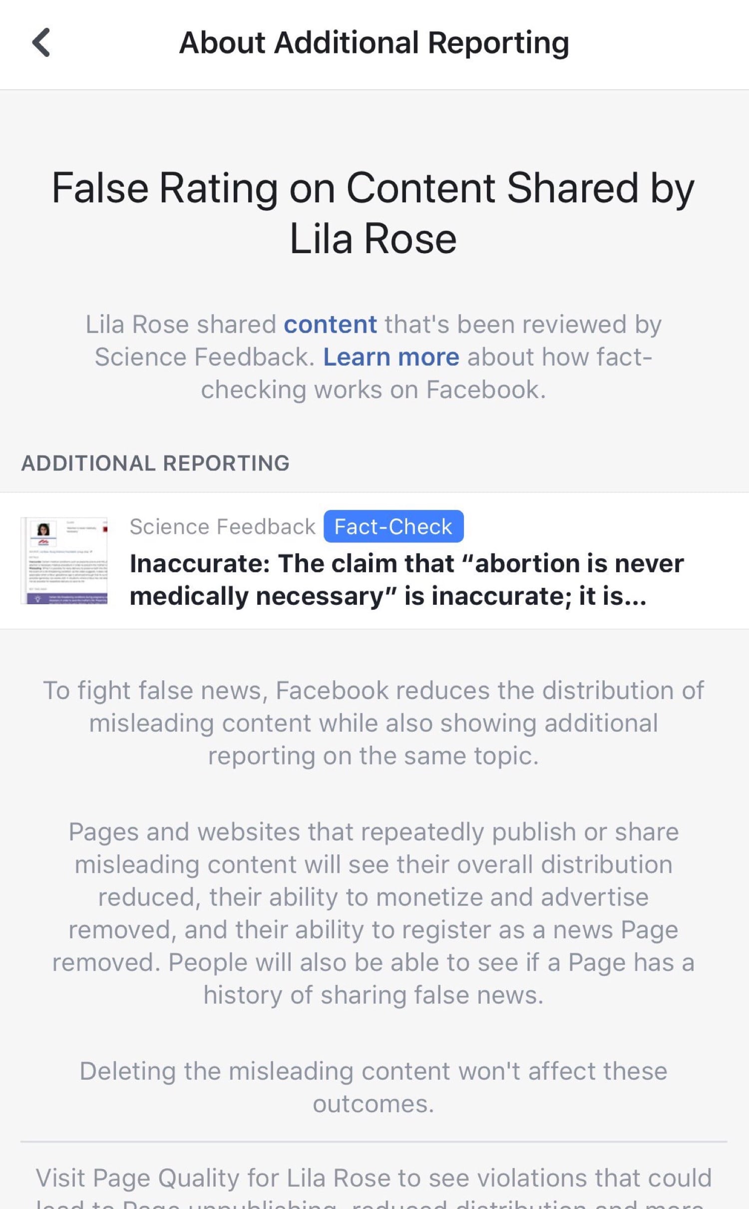 The “false” and “inaccurate” ratings that show on Lila Rose ad Live Action’s Facebook content.