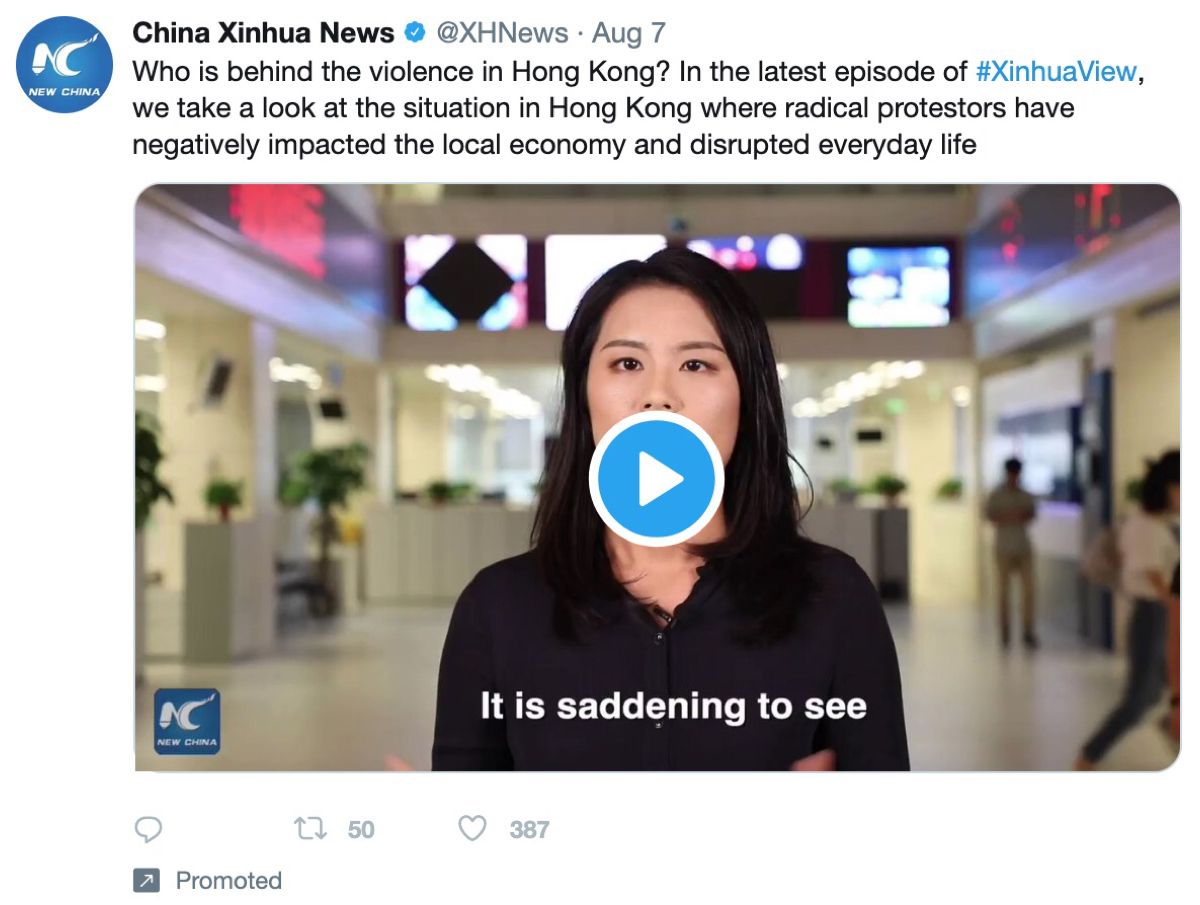 Promoted tweets from China Xinhua News featured in Twitter’s ad transparency tool.