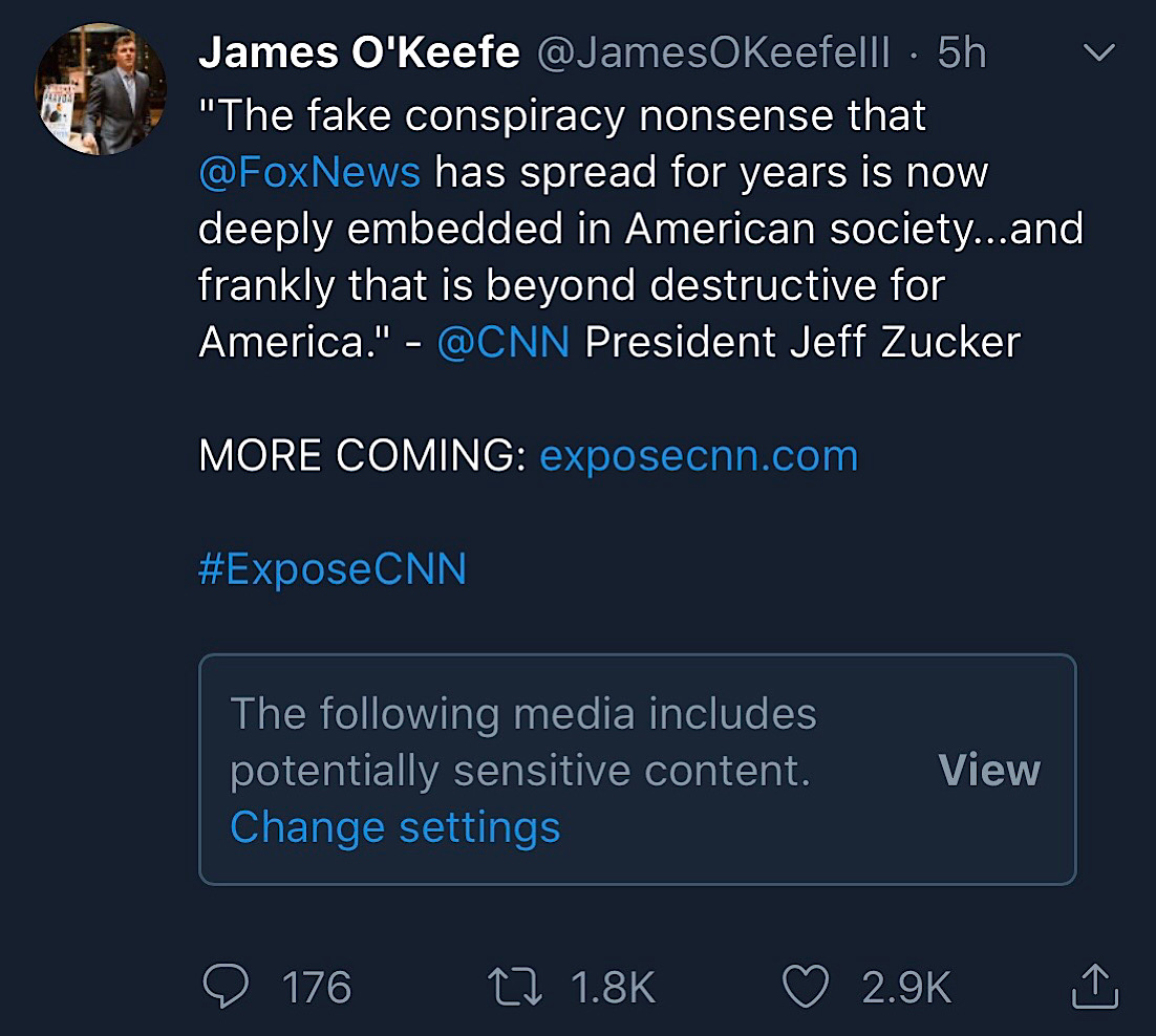The “sensitive media” warning that hides O’Keefe’s video clip for Twitter users.