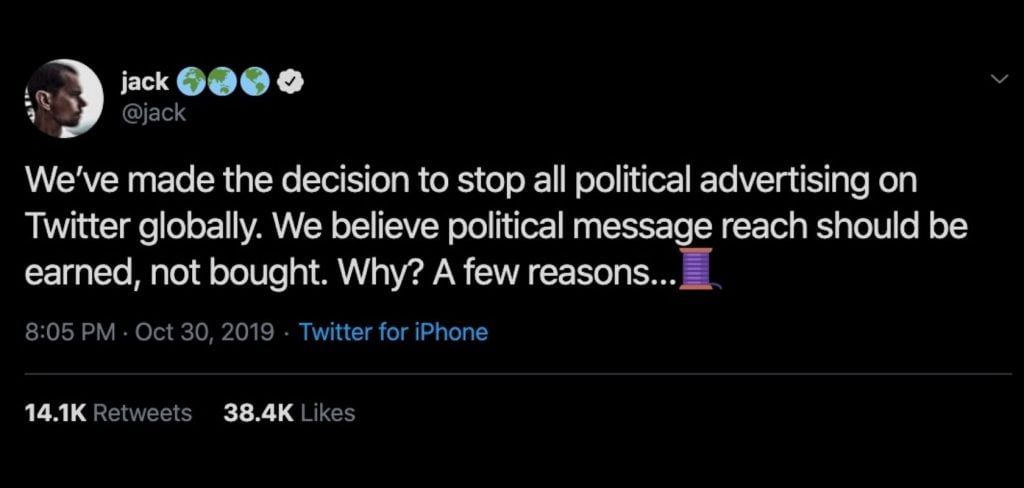 Twitter CEO Jack Dorsey announces Twitter are banning all political ads