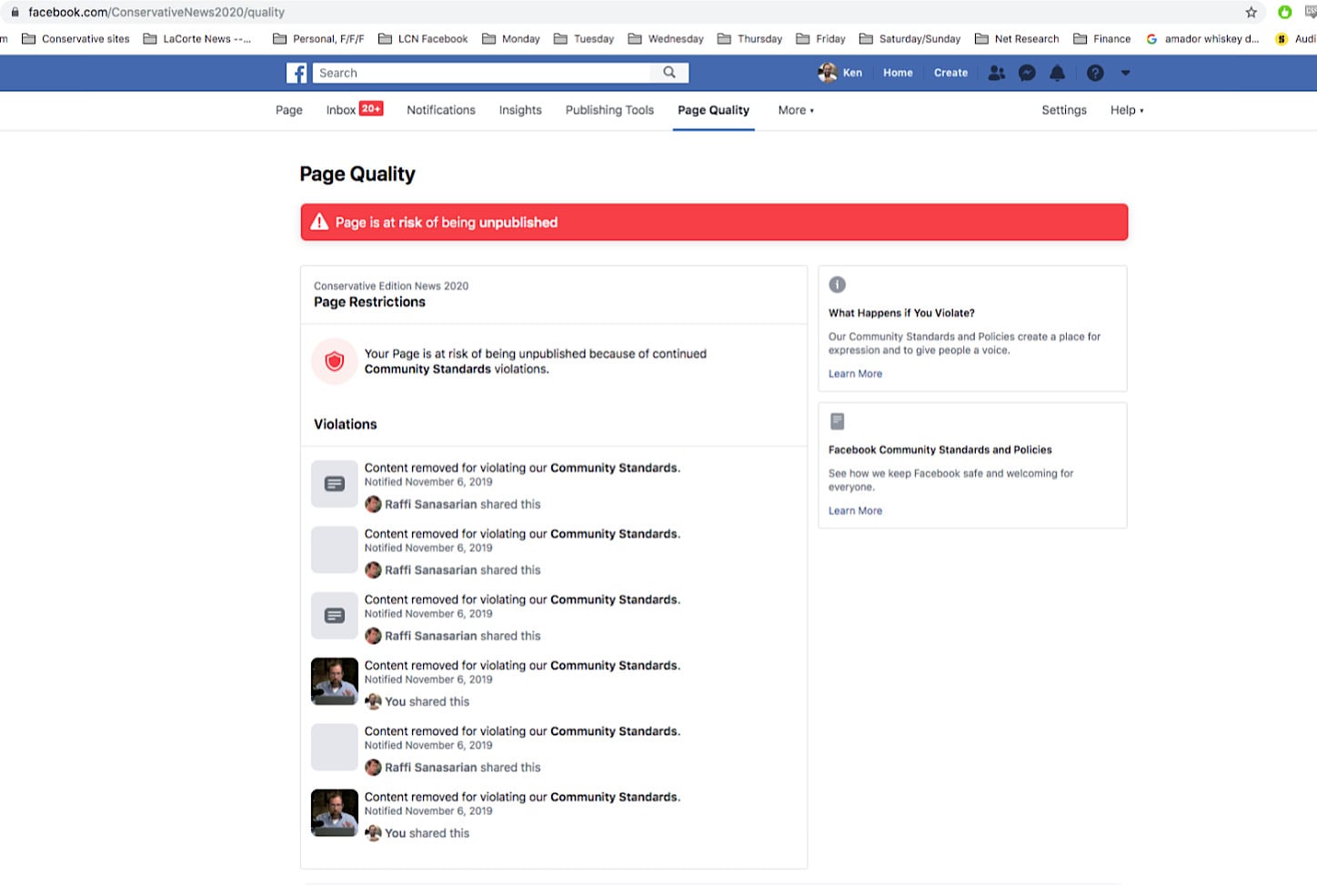 The message and violations that were sent to LaCorte News prior to its Pages being removed.