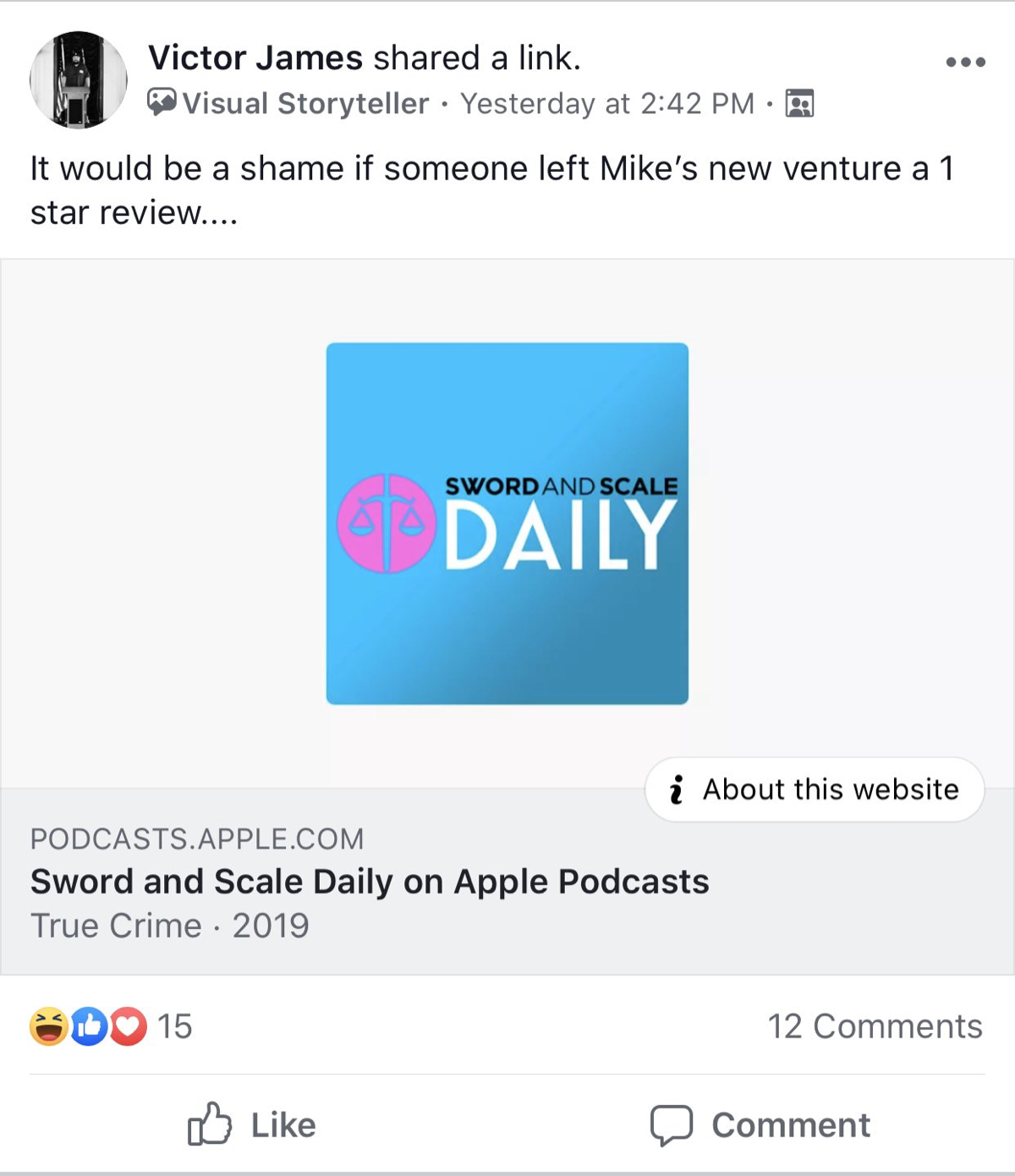 A screenshot from the Society for the re-education of Sword and Scale fans Facebook group.