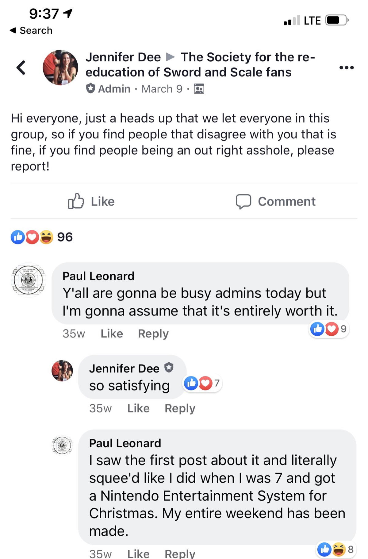 A screenshot from the Society for the re-education of Sword and Scale fans Facebook group.