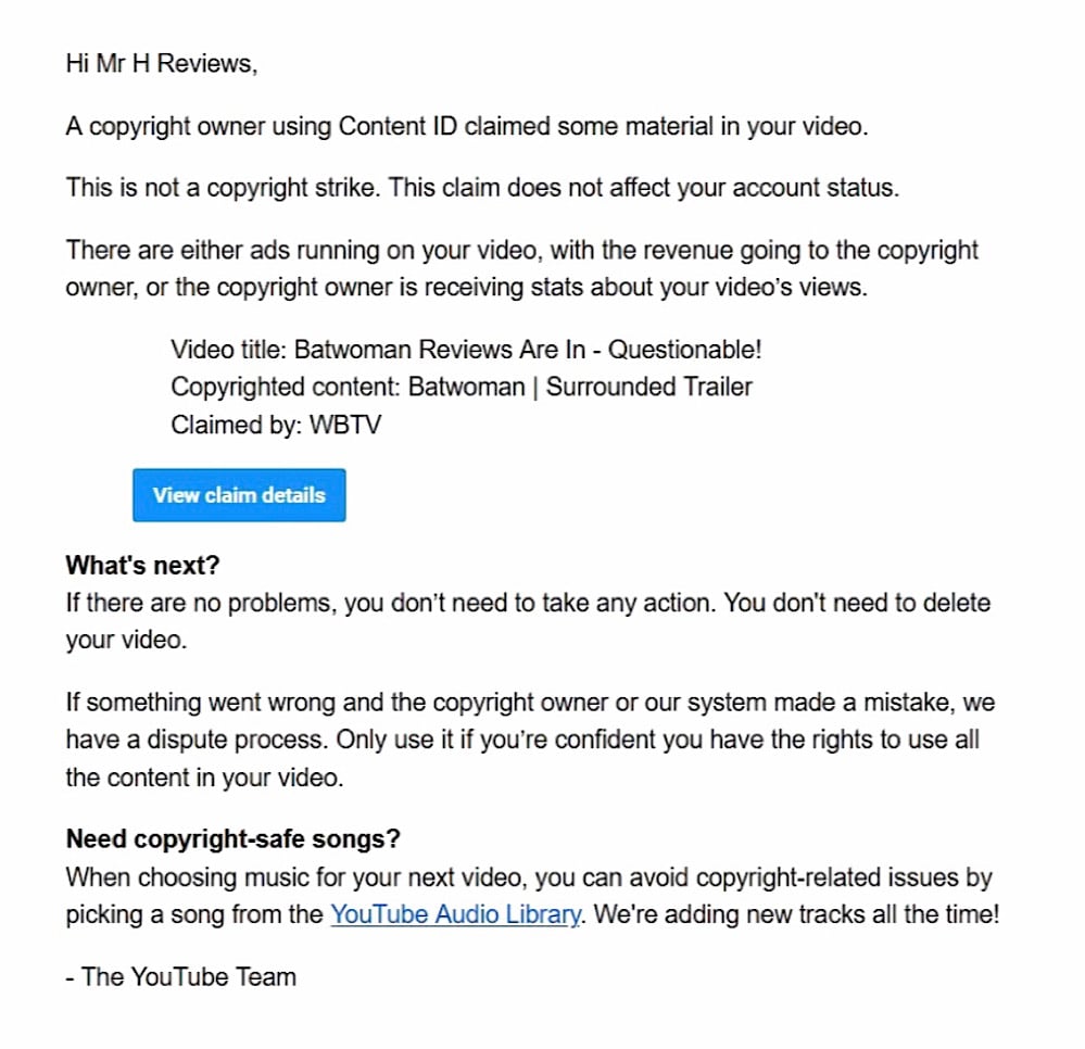 The WBTV Content ID claim on the Mr H Reviews video titled Batwoman Reviews Are In - Questionable!