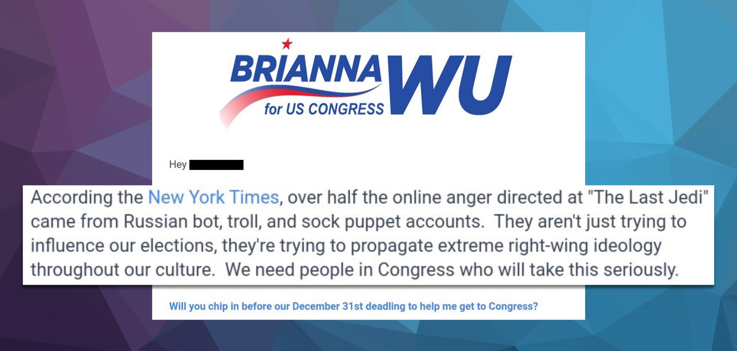 Congressional candidate Brianna Wu uses debunked The Last Jedi Russian bots myth to solicit campaign donations