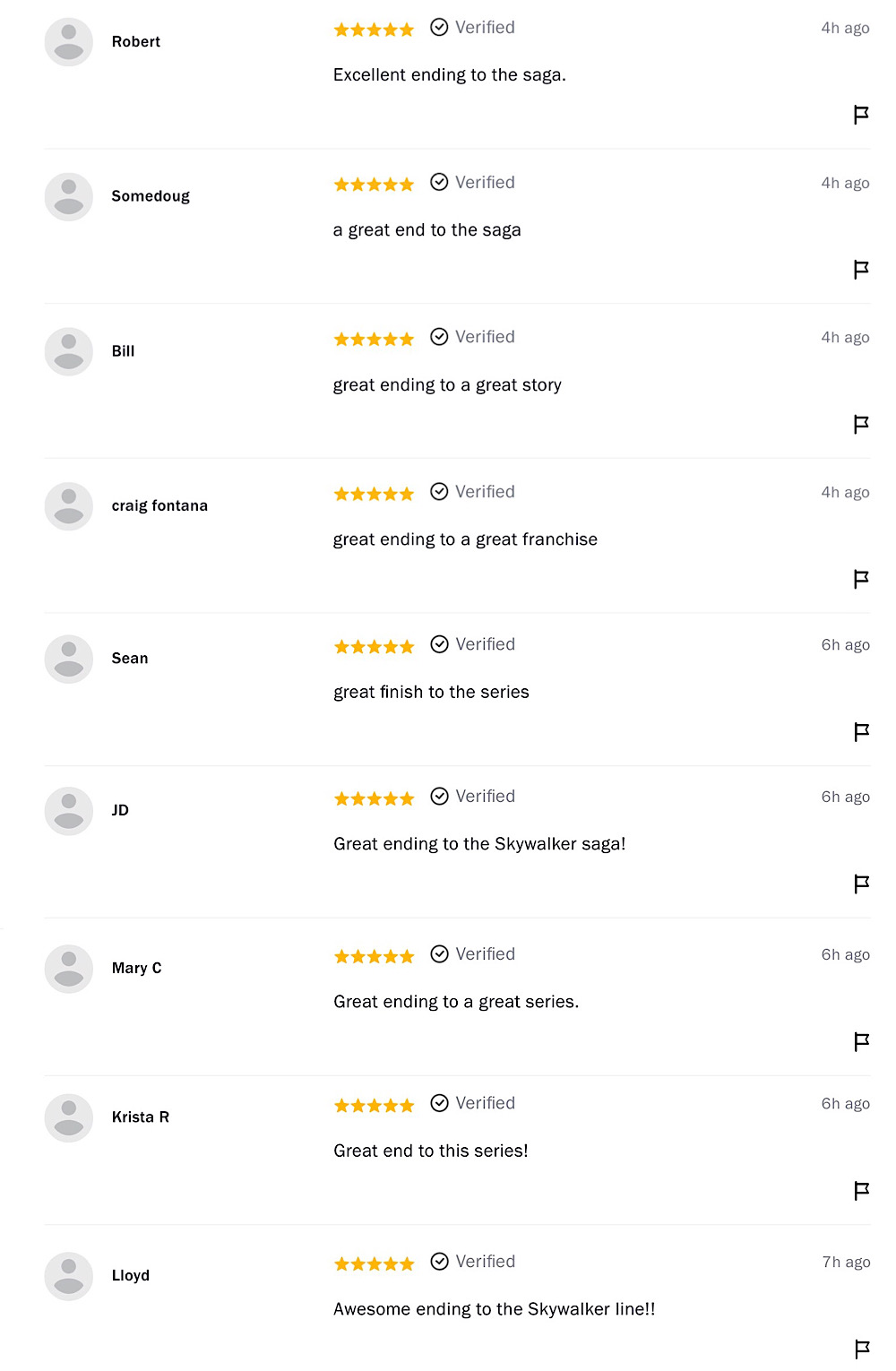 Some of the many similar verified audience reviews on Rotten Tomatoes for Star Wars: The Rise of Skywalker