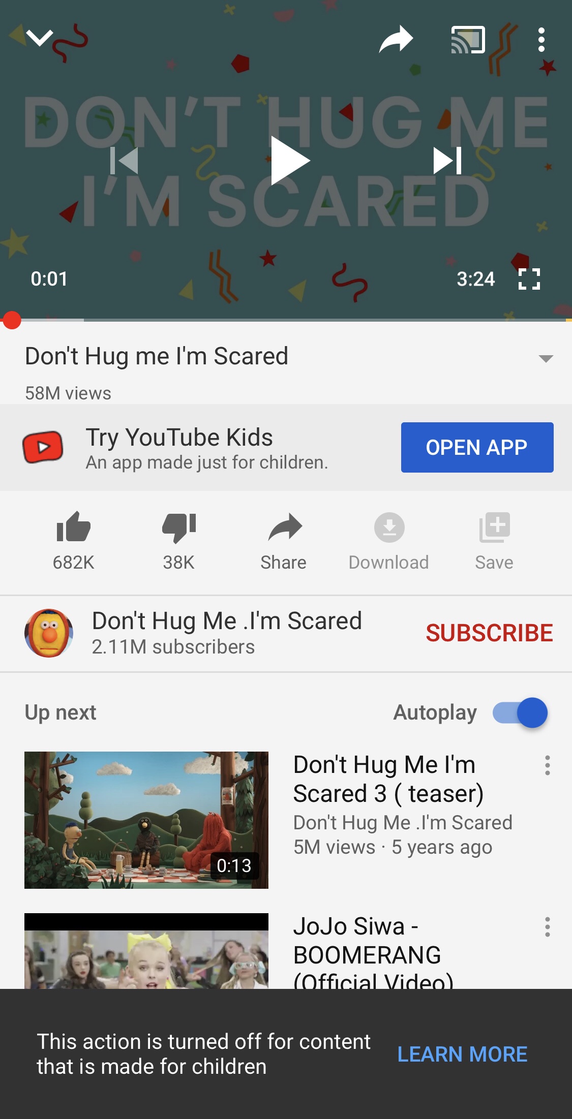 YouTube warns viewers “This action is turned off” when viewers attempt to download or save videos that have been flagged as made for kids