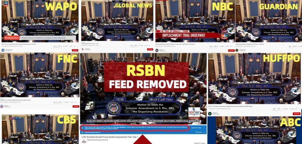 Conservative YouTube channels streaming impeachment trial are disabled, raising accusations of censorship