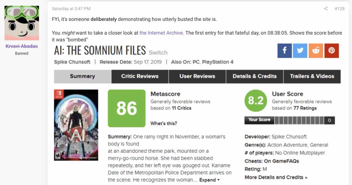 The ResetEra member showed the green User Score before AI: The Somnium Files was review bombed