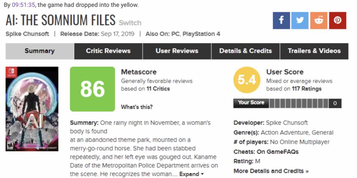 The ResetEra member showed the User Score for AI: The Somnium Files dropping to yellow in just over an hour