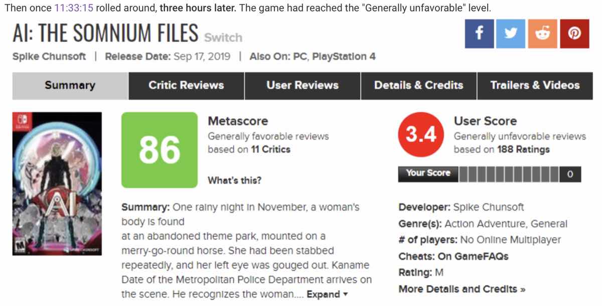 The ResetEra member showed the User Score for AI: The Somnium Files dropping to red in just over under three hours
