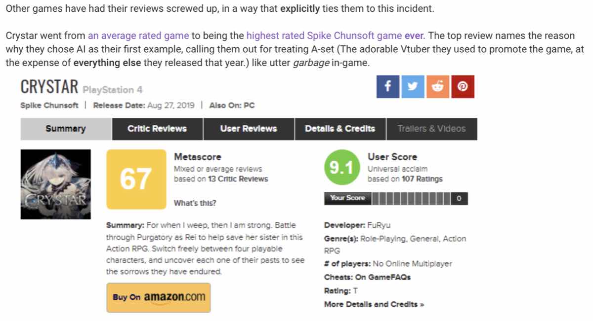 The ResetEra member described how the User Score for Crystar had been boosted and that the top review is critical of how AI: The Somnium Files treats the A-set character in-game