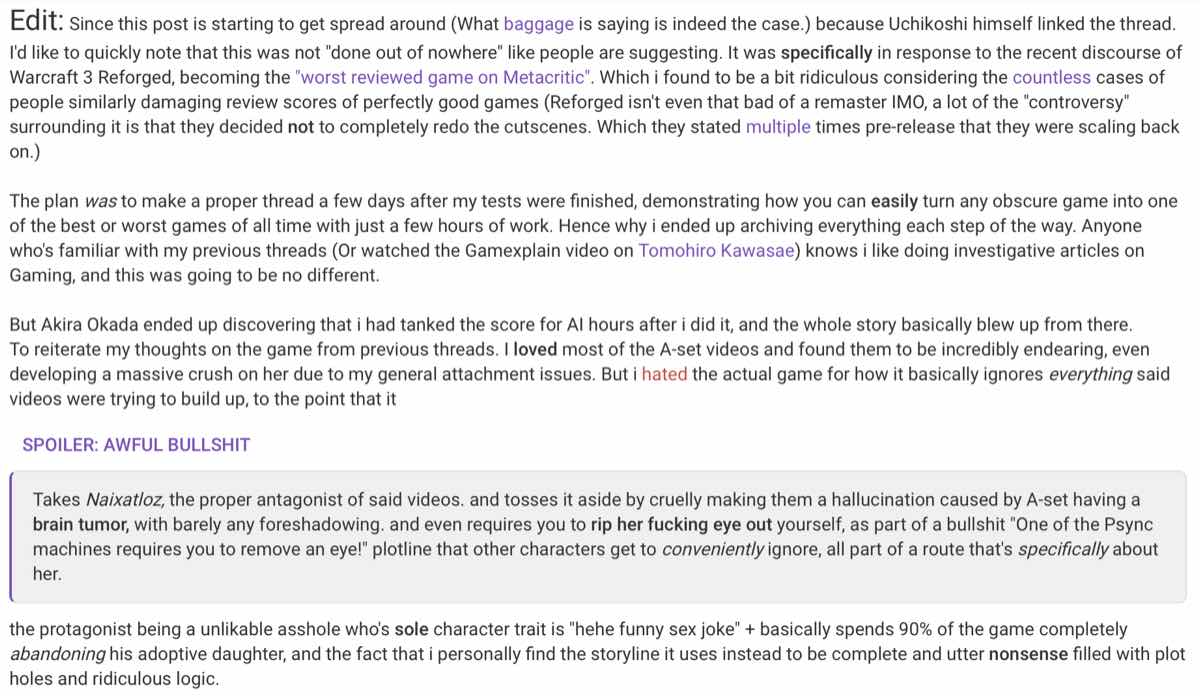 The ResetEra member admitted he was behind the review bombing campaign after the game’s creator and director linked to the thread