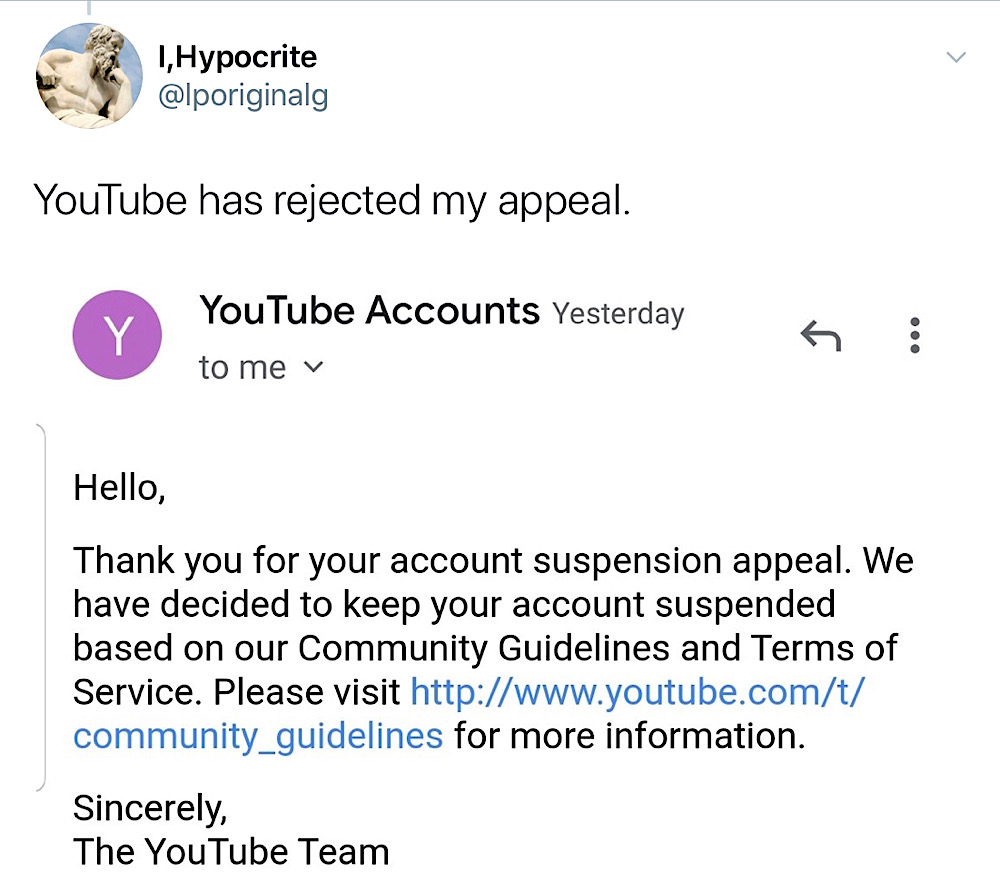 YouTube told I,Hypocrite that his account suspension appeal had been rejected