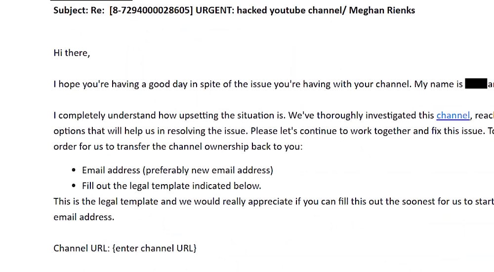 YouTube asked Rienks to fill out a legal template in order to regain access to her channel (YouTube - Meghan Rienks)