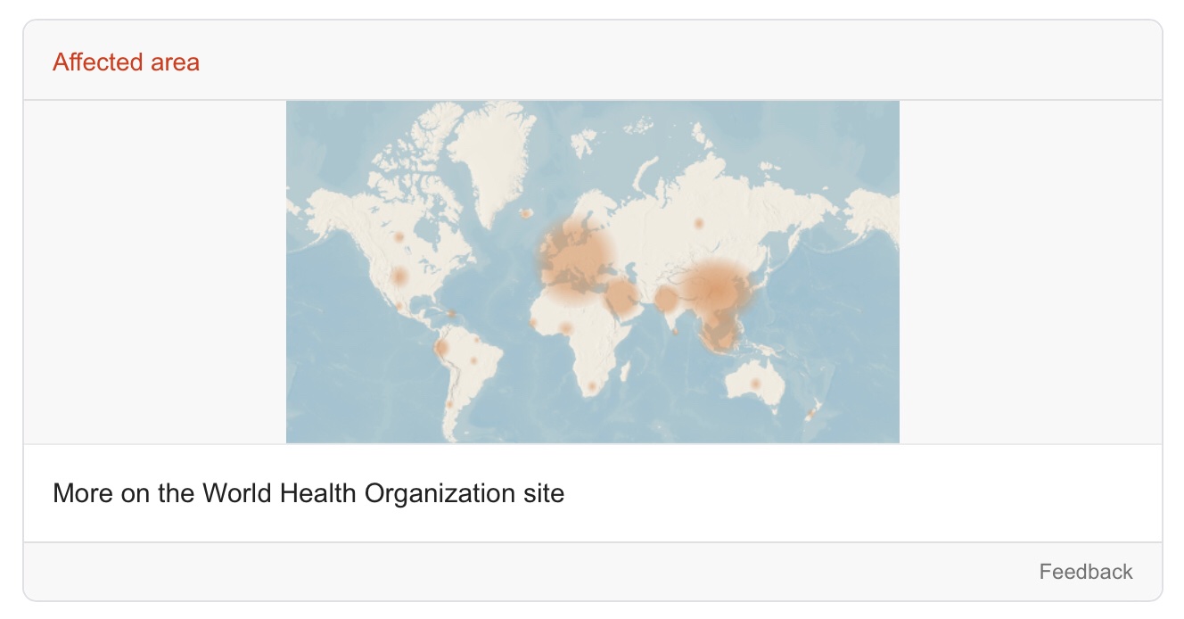 The Google Search SOS Alert shows a coronavirus “affected area” map from the WHO