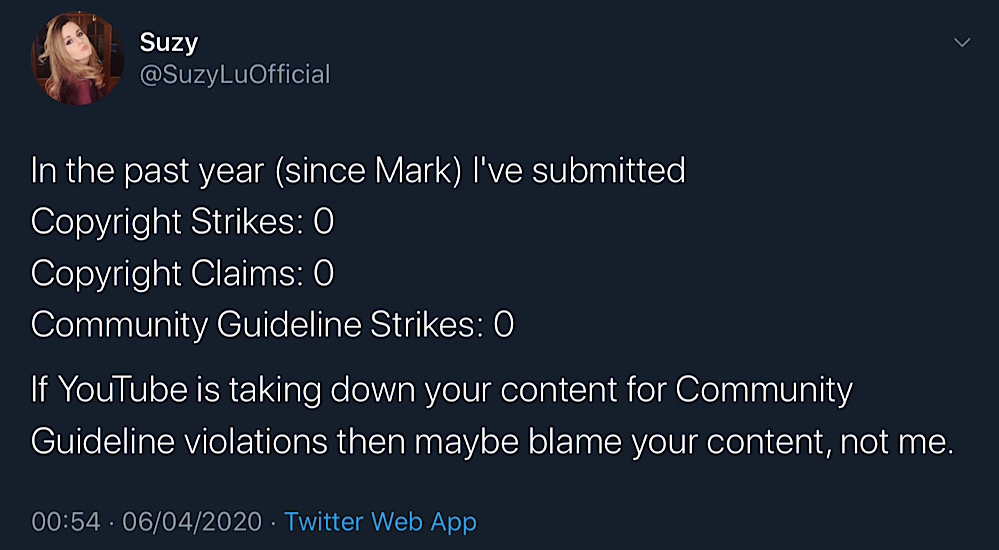 Suzy Lu suggested her critics should blame their content and not her when their videos get taken down (Twitter - @SuzyLuOfficial)
