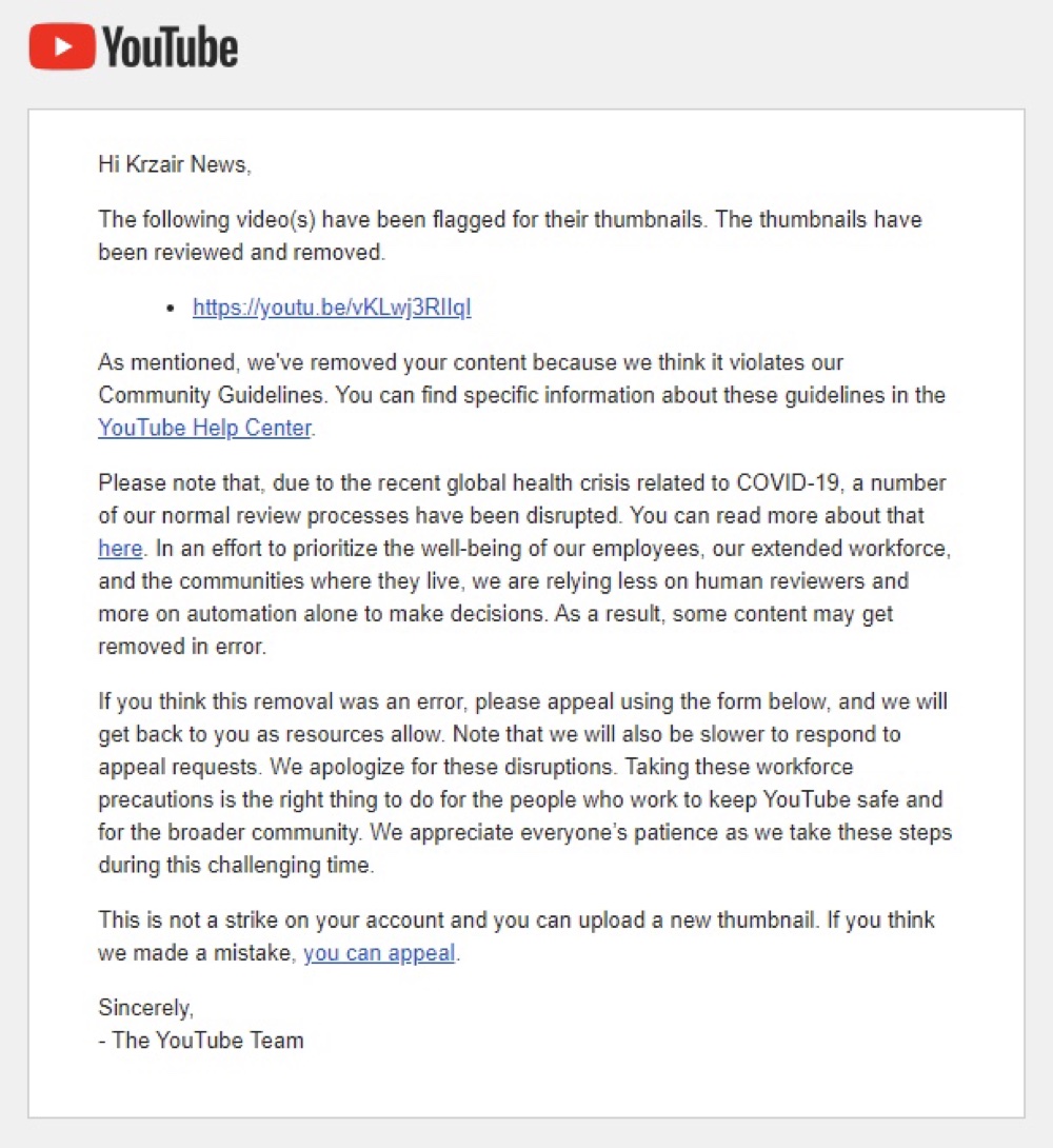 YouTube told Krzair News that its Alinity thumbnail had been removed for violating community guidelines (Twitter - @krazy_b34r)