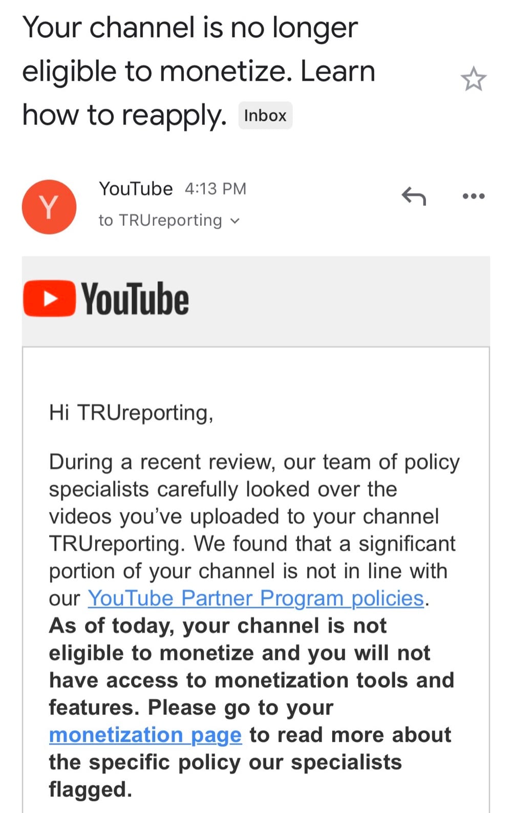 YouTube told TRUreporting the channel is no longer eligible to monetize (Twitter - @samtripoli)