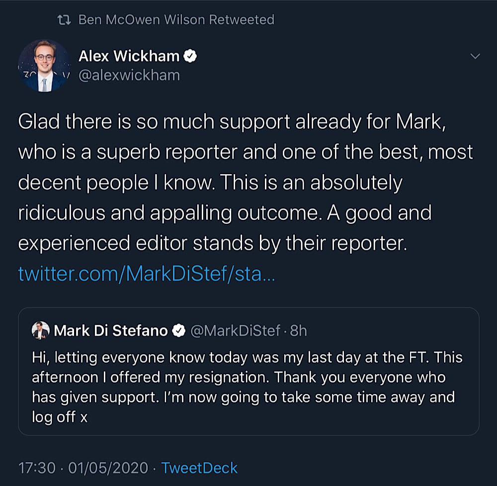 YouTube’s UK Chief retweeted a message from BuzzFeed’s political editor Mark Di Stefano stating that Di Stefano leaving the FT is a “ridiculous and appalling outcome” (Twitter - @ben_mw)